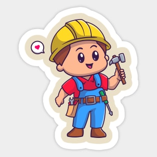 Cute Handyman Holding Hammer Cartoon Sticker